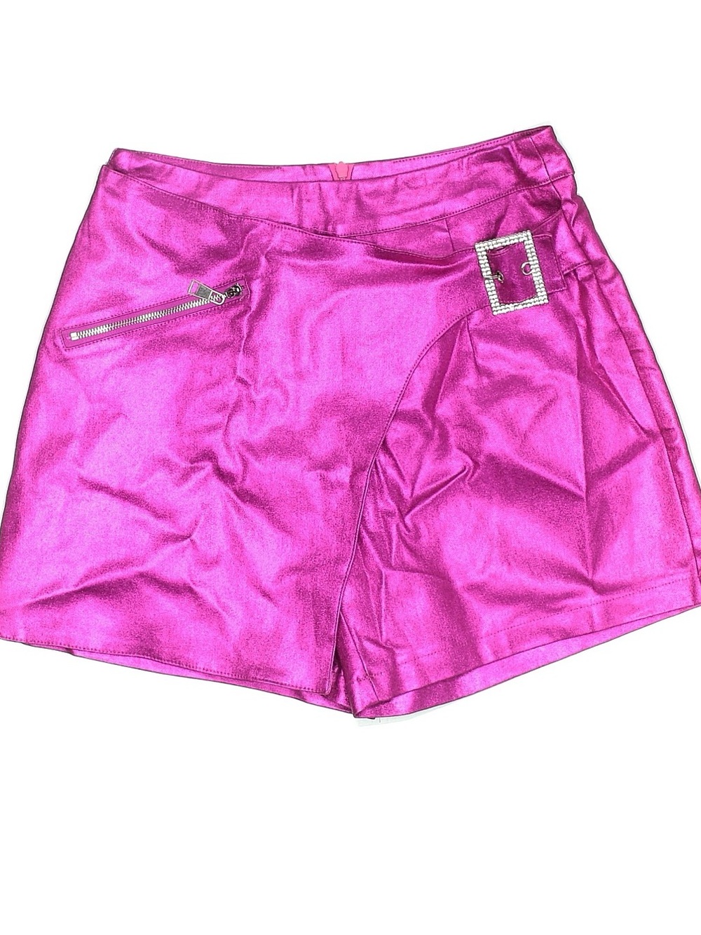 Metallic Fuchsia Women's High-Waist Skort with Rhinestone Buckle
